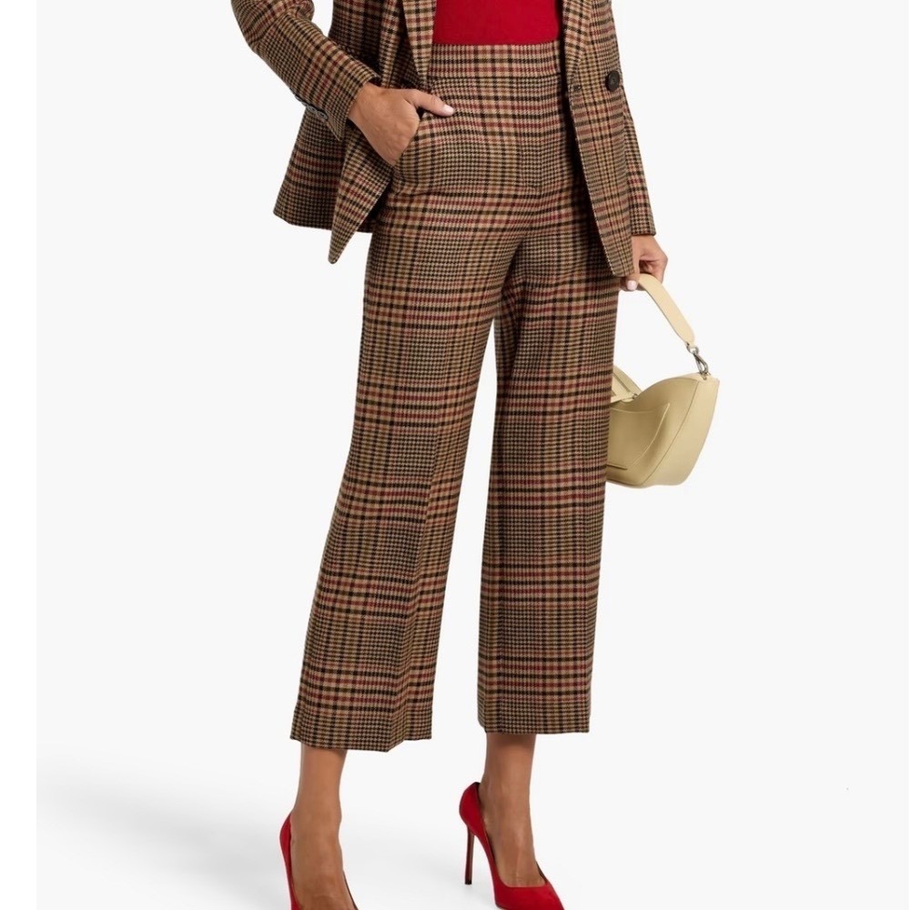 Veronica Beard Brixton Plaid‎ Crop Pants Camel Black Virgin Wool Wide Leg 4